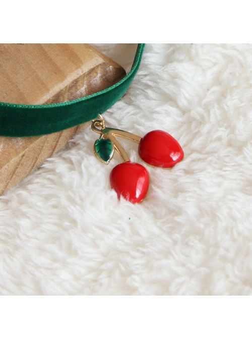 Punk Exaggerated Casual Fashion Female Dark Green Velvet Red Cherry Choker