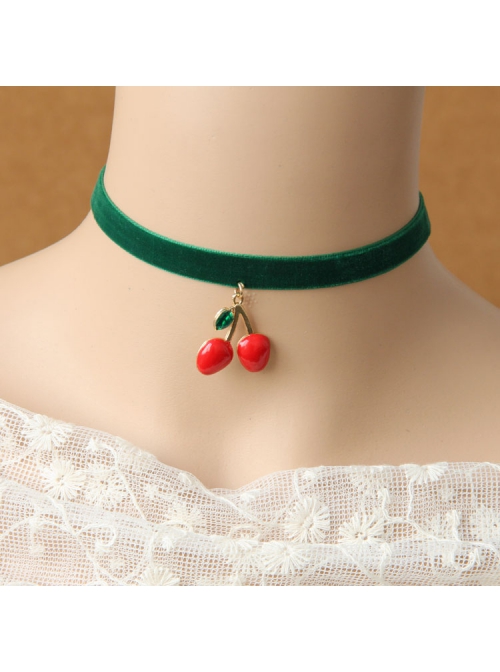 Punk Exaggerated Casual Fashion Female Dark Green Velvet Red Cherry Choker