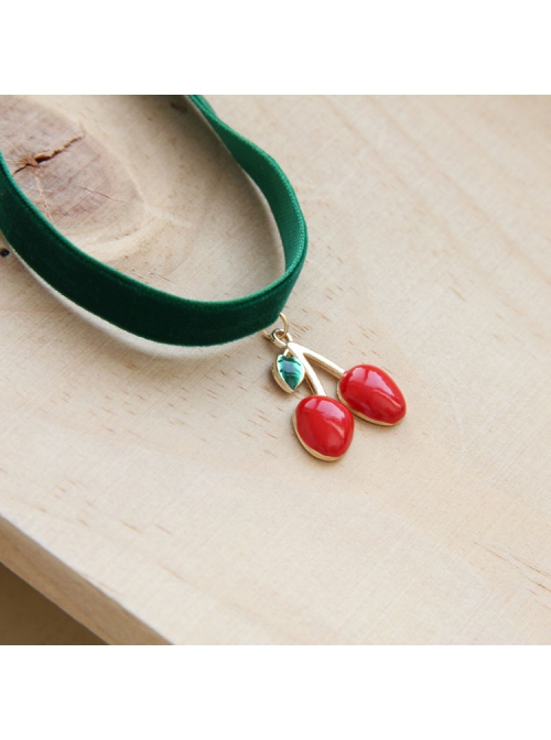 Punk Exaggerated Casual Fashion Female Dark Green Velvet Red Cherry Choker