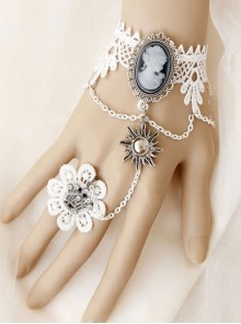 Baroque Fashion Retro Beauty Crown Bride White Lace Bracelet With Ring One Chain
