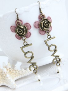 Fashion Casual Lady Pink Flower Rose Cute Long Letter Love Earrings