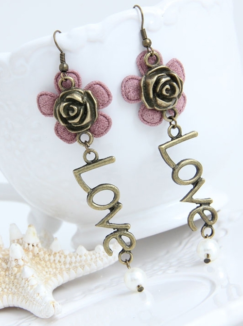 Fashion Casual Lady Pink Flower Rose Cute Long Letter Love Earrings