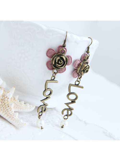 Fashion Casual Lady Pink Flower Rose Cute Long Letter Love Earrings
