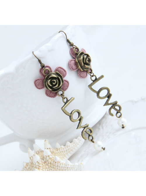 Fashion Casual Lady Pink Flower Rose Cute Long Letter Love Earrings