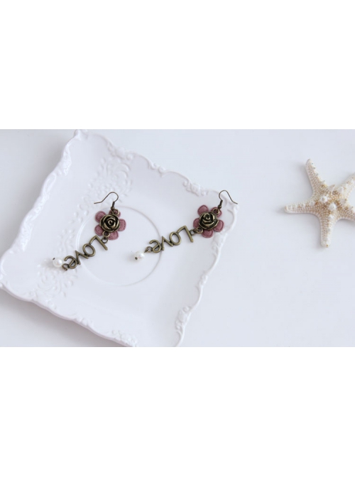 Fashion Casual Lady Pink Flower Rose Cute Long Letter Love Earrings