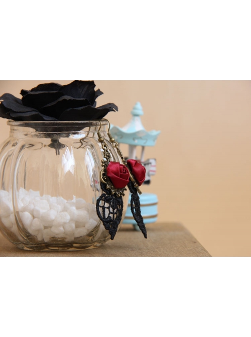 Gothic Retro Fashion Rose Red Rose Black Lace Prom Earrings