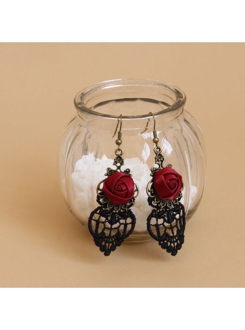 Gothic Retro Fashion Rose Red Rose Black Lace Prom Earrings