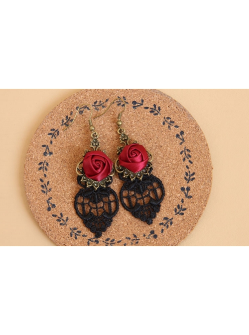 Gothic Retro Fashion Rose Red Rose Black Lace Prom Earrings