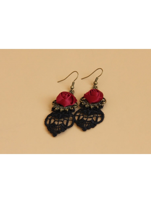 Gothic Retro Fashion Rose Red Rose Black Lace Prom Earrings
