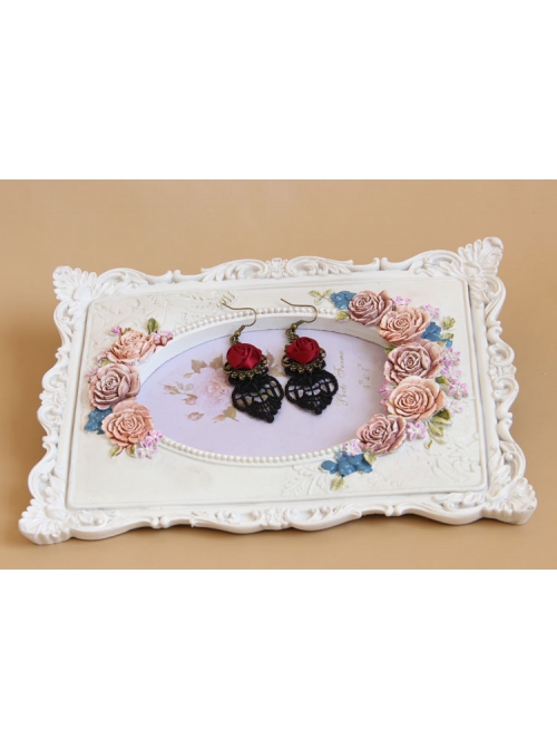 Gothic Retro Fashion Rose Red Rose Black Lace Prom Earrings