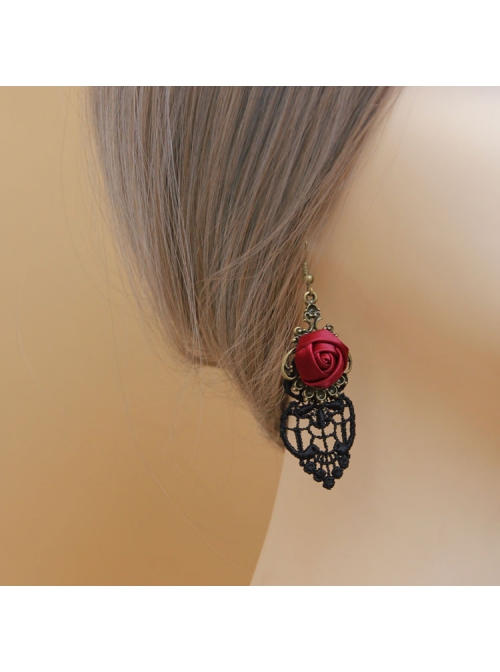Gothic Retro Fashion Rose Red Rose Black Lace Prom Earrings