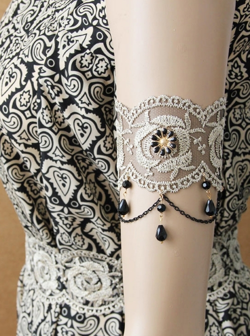 Gothic Retro Fashion Black Pearl Golden Lace Female Elastic Band Armband