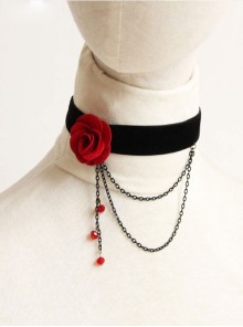 Vampire Gothic Retro Red Rose Crystal Black Velvet Short Necklace