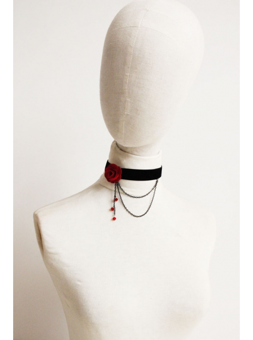 Vampire Gothic Retro Red Rose Crystal Black Velvet Short Necklace