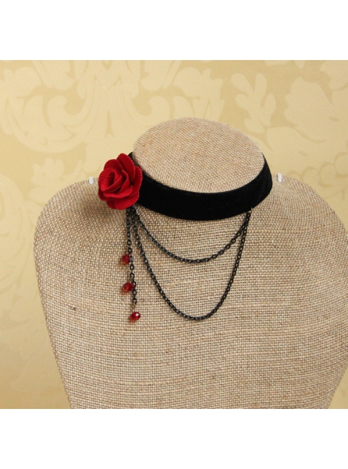 Vampire Gothic Retro Red Rose Crystal Black Velvet Short Necklace