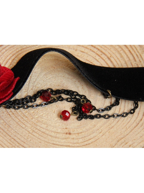 Vampire Gothic Retro Red Rose Crystal Black Velvet Short Necklace
