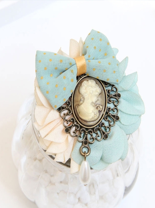 Retro Fashion Beauty Head Pearl Blue Polka Dot Bow Handmade Female Brooch