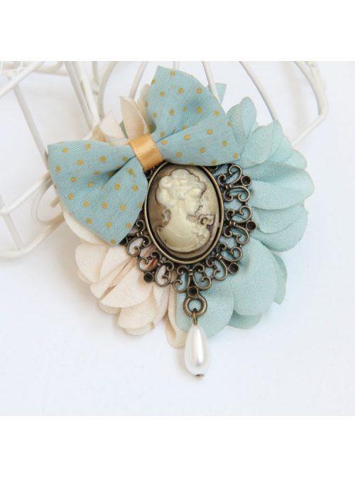 Retro Fashion Beauty Head Pearl Blue Polka Dot Bow Handmade Female Brooch