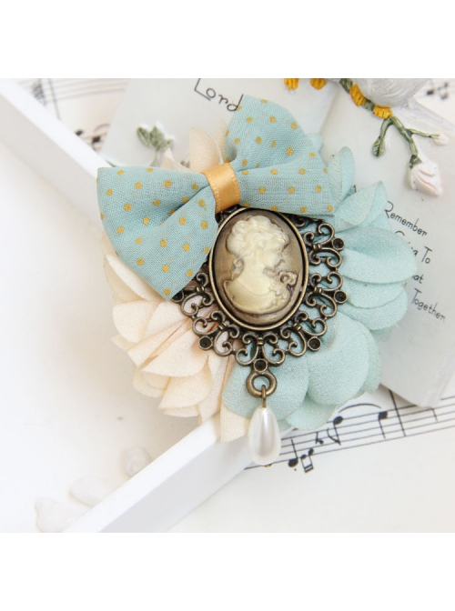 Retro Fashion Beauty Head Pearl Blue Polka Dot Bow Handmade Female Brooch