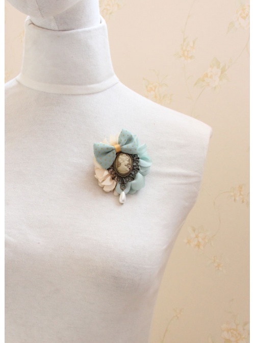 Retro Fashion Beauty Head Pearl Blue Polka Dot Bow Handmade Female Brooch