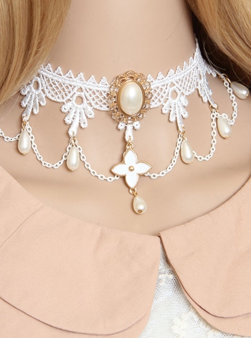 Retro Fashion White Lace Bride Gorgeous Pearl Choker