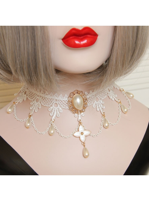 Retro Fashion White Lace Bride Gorgeous Pearl Choker