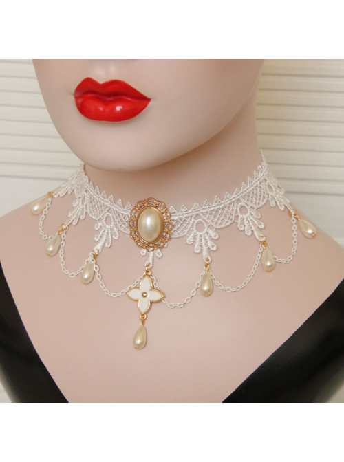 Retro Fashion White Lace Bride Gorgeous Pearl Choker