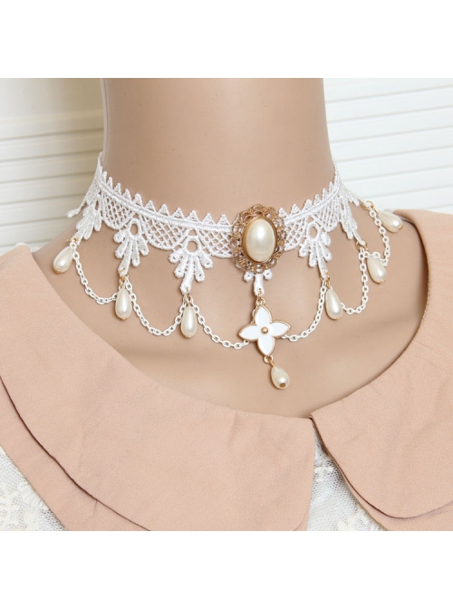 Retro Fashion White Lace Bride Gorgeous Pearl Choker