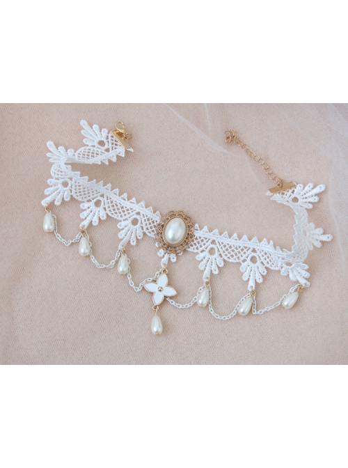Retro Fashion White Lace Bride Gorgeous Pearl Choker