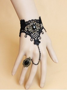 Palace Retro Black Lace Gems Flowers Female Gothic Bracelet With Ring One Chain