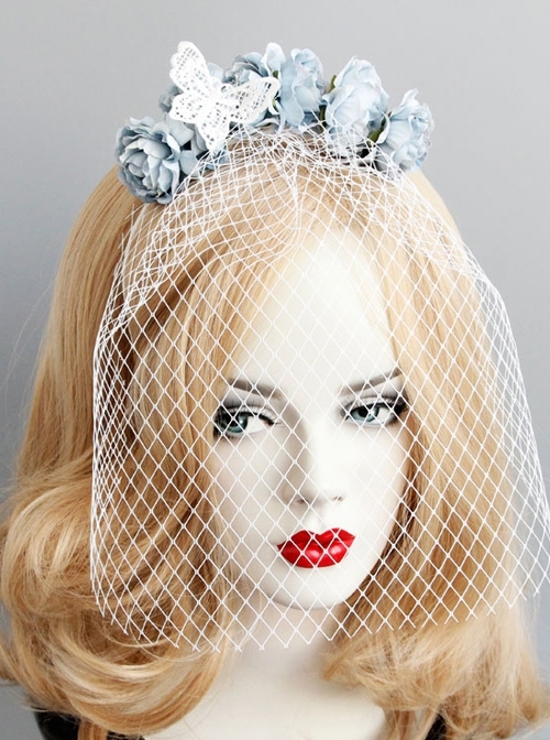 Fashion Retro Celebrity Party Banquet White Veil Blue Flowers Bride Hair Band