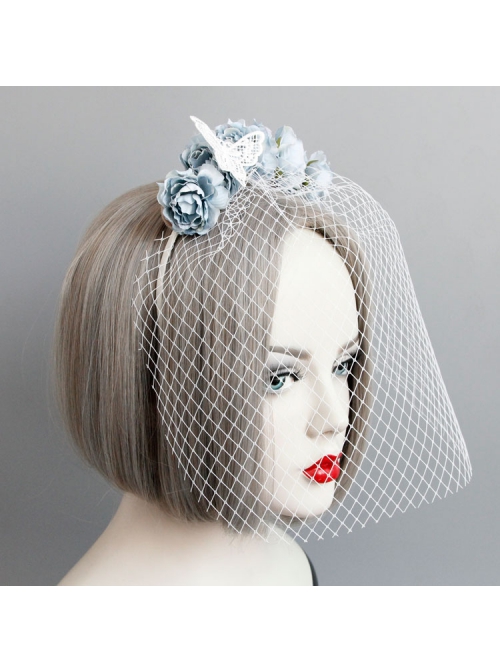 Fashion Retro Celebrity Party Banquet White Veil Blue Flowers Bride Hair Band