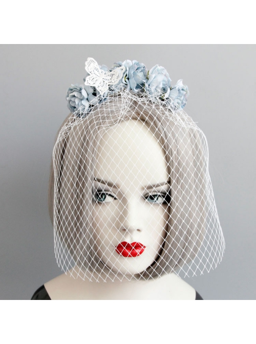 Fashion Retro Celebrity Party Banquet White Veil Blue Flowers Bride Hair Band