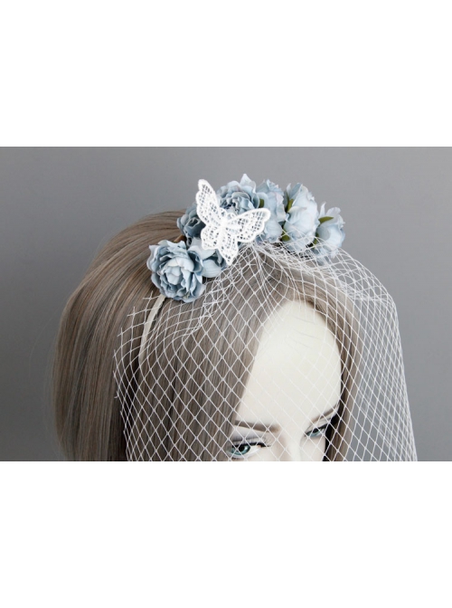 Fashion Retro Celebrity Party Banquet White Veil Blue Flowers Bride Hair Band