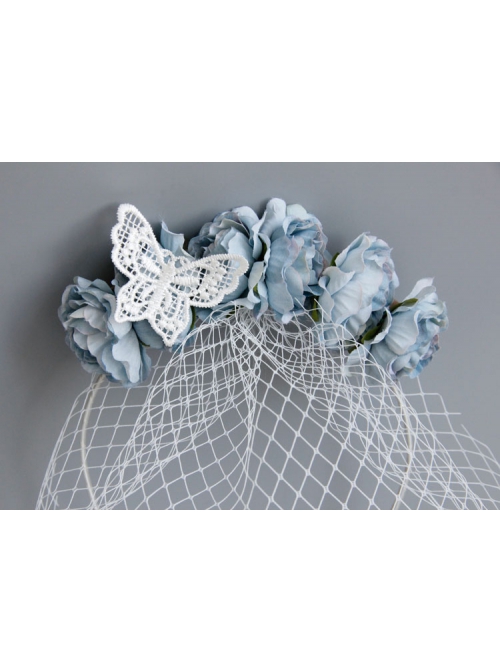 Fashion Retro Celebrity Party Banquet White Veil Blue Flowers Bride Hair Band