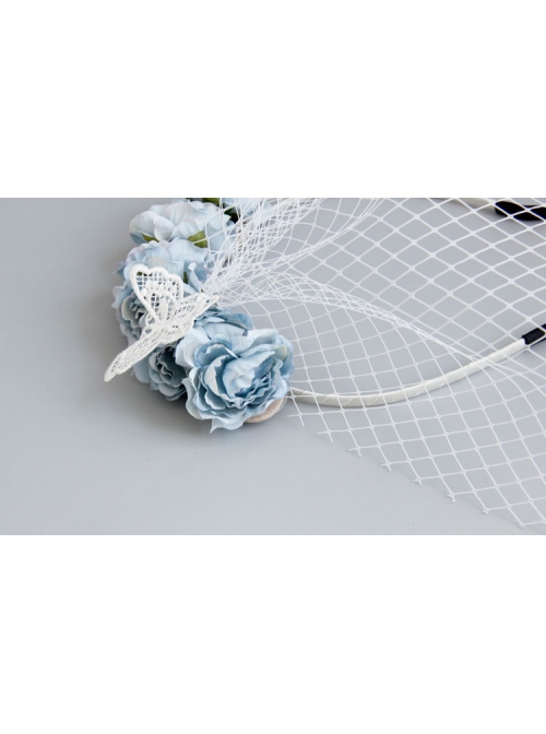 Fashion Retro Celebrity Party Banquet White Veil Blue Flowers Bride Hair Band