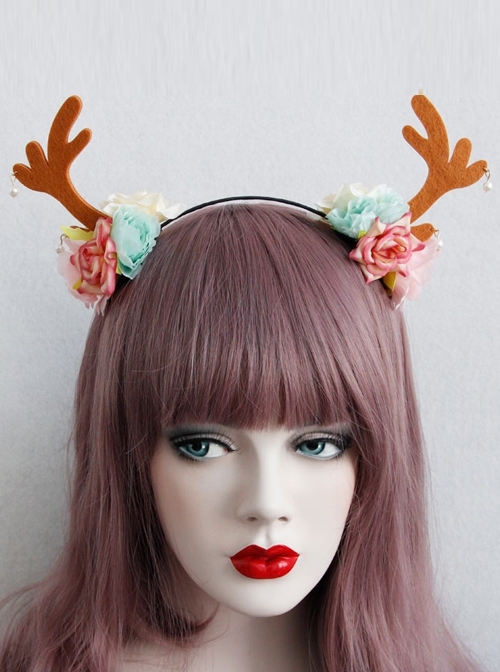Fashion Leisure Holiday Christmas Flowers Brown Antlers White Pearls Hair Bands