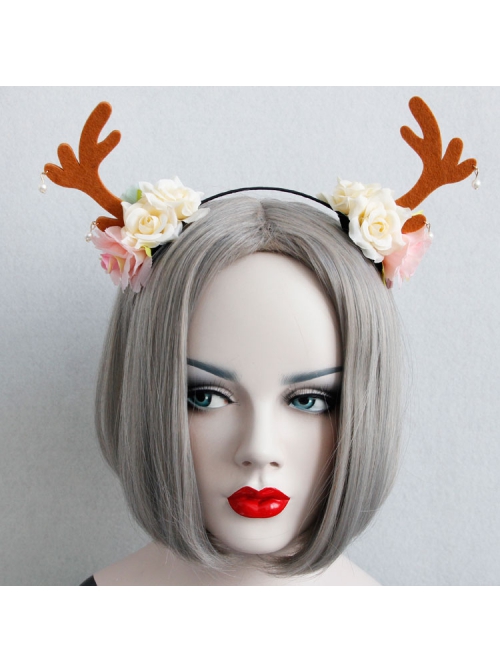Fashion Leisure Holiday Christmas Flowers Brown Antlers White Pearls Hair Bands