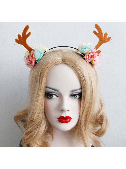 Fashion Leisure Holiday Christmas Flowers Brown Antlers White Pearls Hair Bands