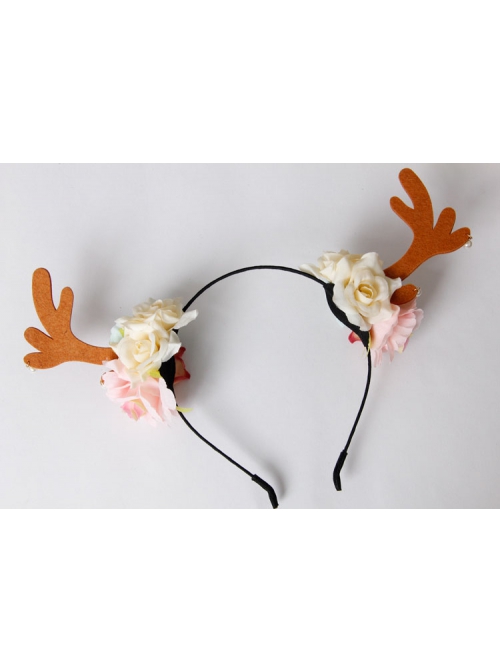 Fashion Leisure Holiday Christmas Flowers Brown Antlers White Pearls Hair Bands