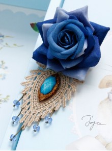 Retro Fashion Blue Rose Flower Lace Artificial Crystal Handmade Cloth Brooch