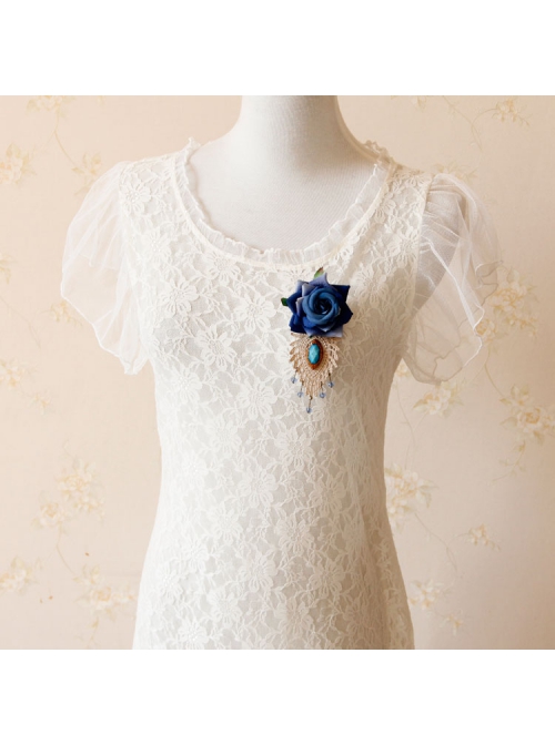 Retro Fashion Blue Rose Flower Lace Artificial Crystal Handmade Cloth Brooch
