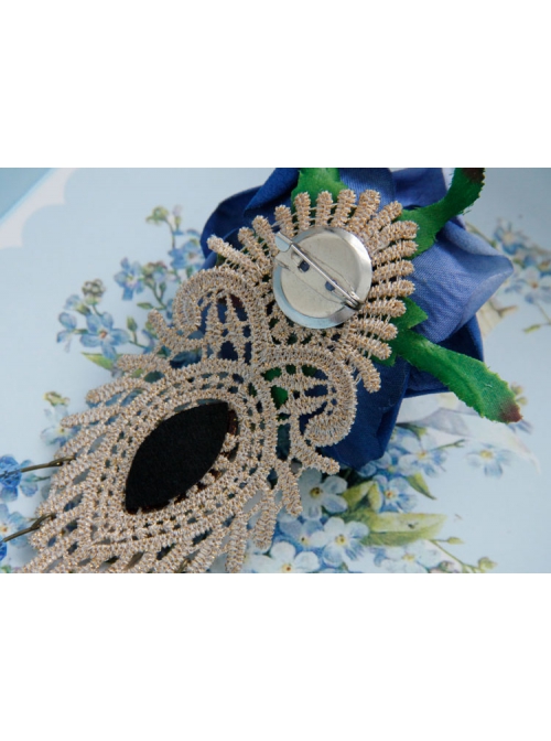 Retro Fashion Blue Rose Flower Lace Artificial Crystal Handmade Cloth Brooch