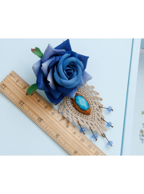 Retro Fashion Blue Rose Flower Lace Artificial Crystal Handmade Cloth Brooch