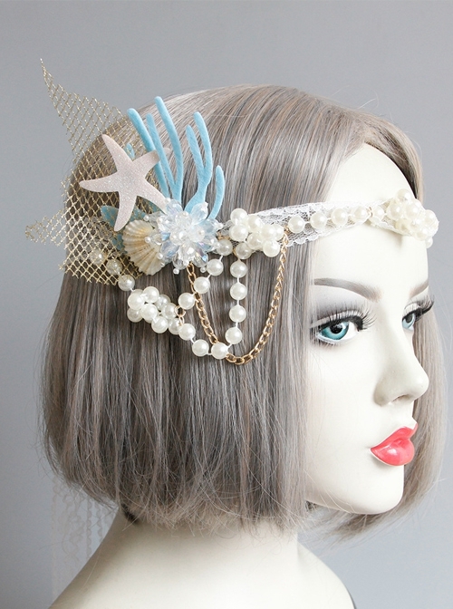 Fashion Mermaid Coral Shell White Pearl Net Yarn Lace Seaside Beach Travel Party Hairband
