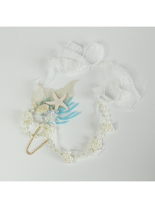 Fashion Mermaid Coral Shell White Pearl Net Yarn Lace Seaside Beach Travel Party Hairband