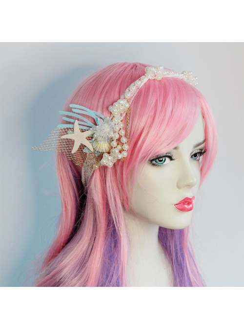 Fashion Mermaid Coral Shell White Pearl Net Yarn Lace Seaside Beach Travel Party Hairband
