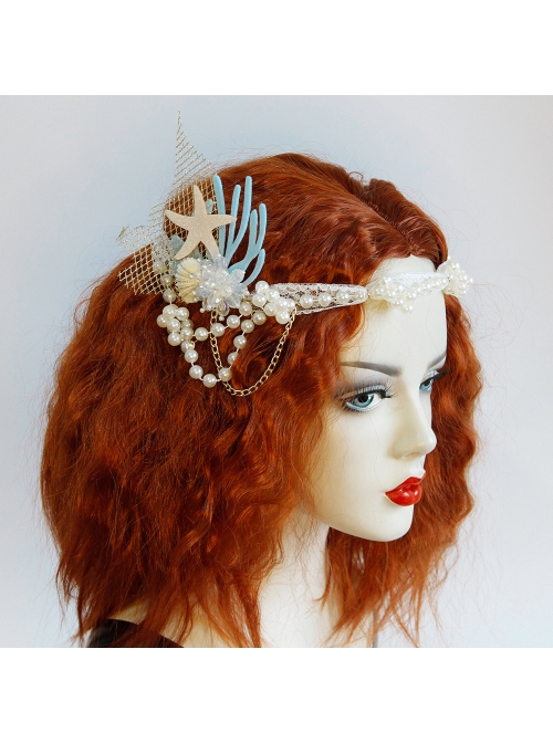 Fashion Mermaid Coral Shell White Pearl Net Yarn Lace Seaside Beach Travel Party Hairband