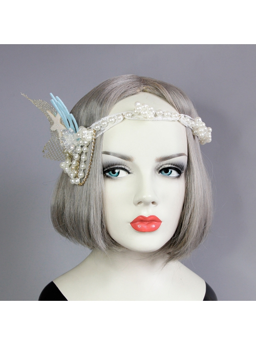 Fashion Mermaid Coral Shell White Pearl Net Yarn Lace Seaside Beach Travel Party Hairband