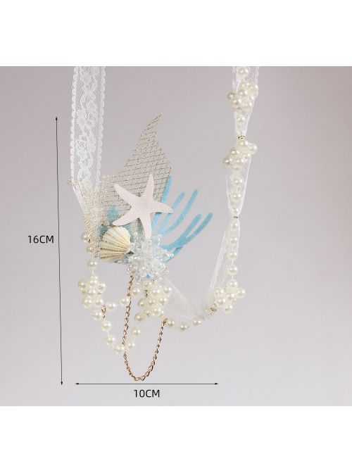 Fashion Mermaid Coral Shell White Pearl Net Yarn Lace Seaside Beach Travel Party Hairband